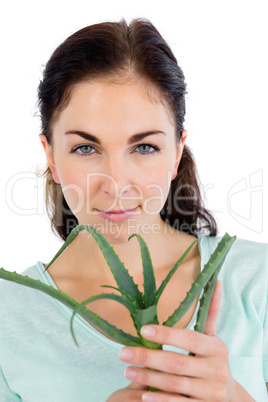 Portrait of confident woman holding aloe vera