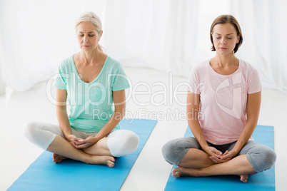 Full lenth of women performing yoga