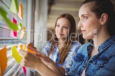 Businesswomen sticking adhesive notes on window in office