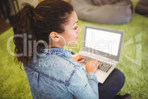 Businesswoman using laptop while sitting on carpet in office