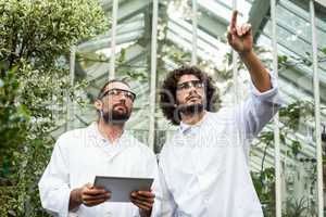 Male scientist pointing while colleague holding digital tablet