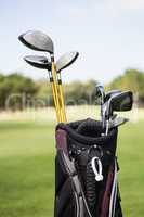 Focus on foreground of a golf bag