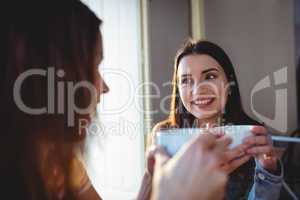 Happy beautiful woman with friend at cafeteria