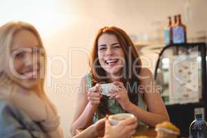 Portrait of cheerful friends at coffee shop