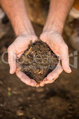 Gardener with dirt in cupped hands at garden
