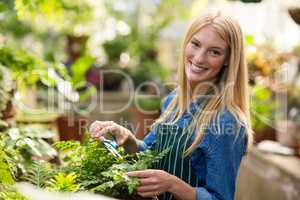 Portrait of female gardener smiling while pruning