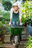 Happy female gardener walking with wheelbarrow at greenhouse