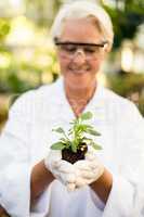 Female scientist smiling while holding plant