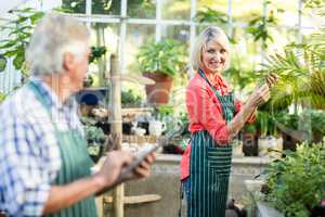 Woman smiling while looking at man in greenhouse