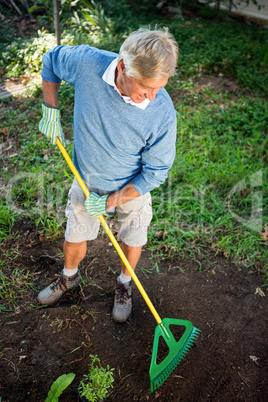 High angle view of happy gardener using rake at garden