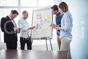 Colleagues discussing in meeting room using white board