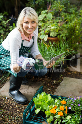 Female gardener holding potted plant while using digital tablet
