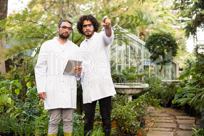 Male scientist pointing while coworker holding digital tablet