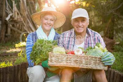 Portrait of mature couple carrying vegetables crate at garden
