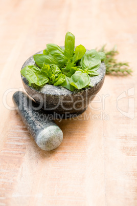 Basil leaves in mortar and pestle