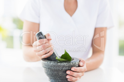 Midsection of woman holding mortar and pestle