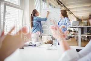 businesswomen giving presentation in creative office