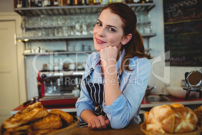 Portrait of attractive barista at counter in cafe