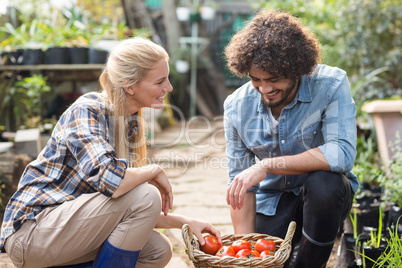 Coworkers kneeling by wicker basket