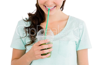 Cropped image of smiling woman having juice