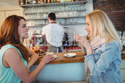 Happy customers talking at counter in coffee shop