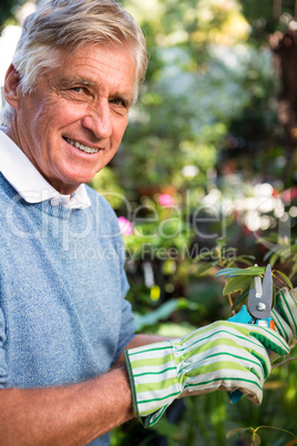 Portrait of happy worker pruning twigs at garden