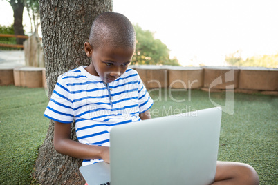Elementary boy using laptop at park