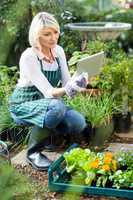 Female gardener using digital tablet while working