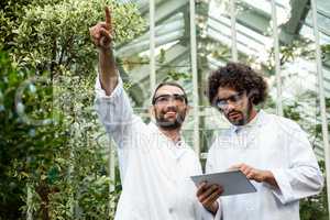 Male scientist pointing while colleague using digital tablet