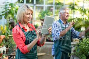 Female gardener using digital tablet at greenhouse