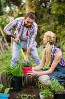 Happy gardeners planting potted plants at garden
