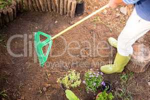 Low section of gardener using rake at farm