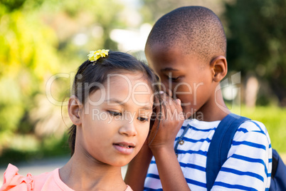 Schoolboy whispering to girl at campus