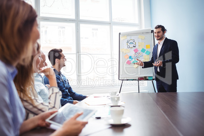 Coworkers looking at confident businessman giving presentation