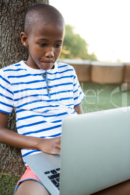 Boy using laptop while sitting by tree