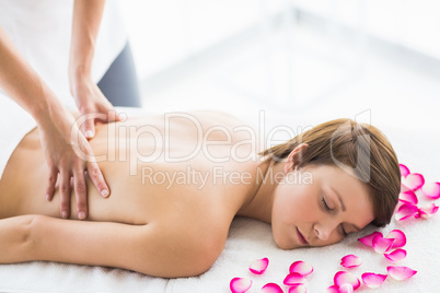 Relaxed woman being back massaged by masseuse