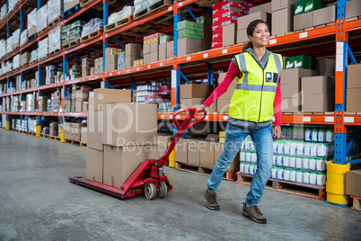 Worker pushing trolley with boxes
