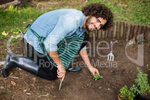 Gardener planting outside greenhouse