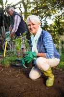 Portrait of happy female gardener with potted plant at garden