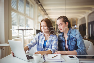 Female colleagues working on laptop at desk in office