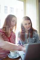 Young woman gesturing to friend in laptop at cafe