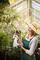Female gardener watering plants at greenhouse