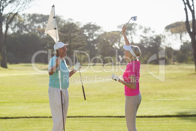 Happy mature golf player couple carrying flag