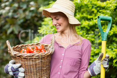Happy gardener holding tomato basket and work tool