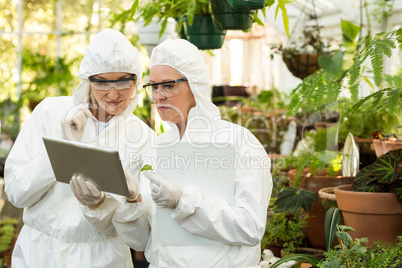 Scientists in clean suit discussing over digital tablet