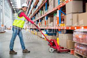 Worker pushing trolley with boxes