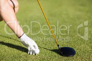 Cropped image of golfer man placing golf ball on tee