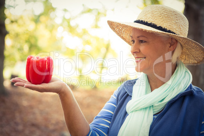 Happy gardener with red bell peppers at garden