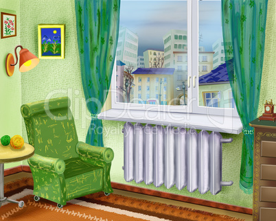 Cartoon Room Interior with Armchair Near a Window