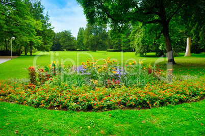 summer park with beautiful flowerbeds